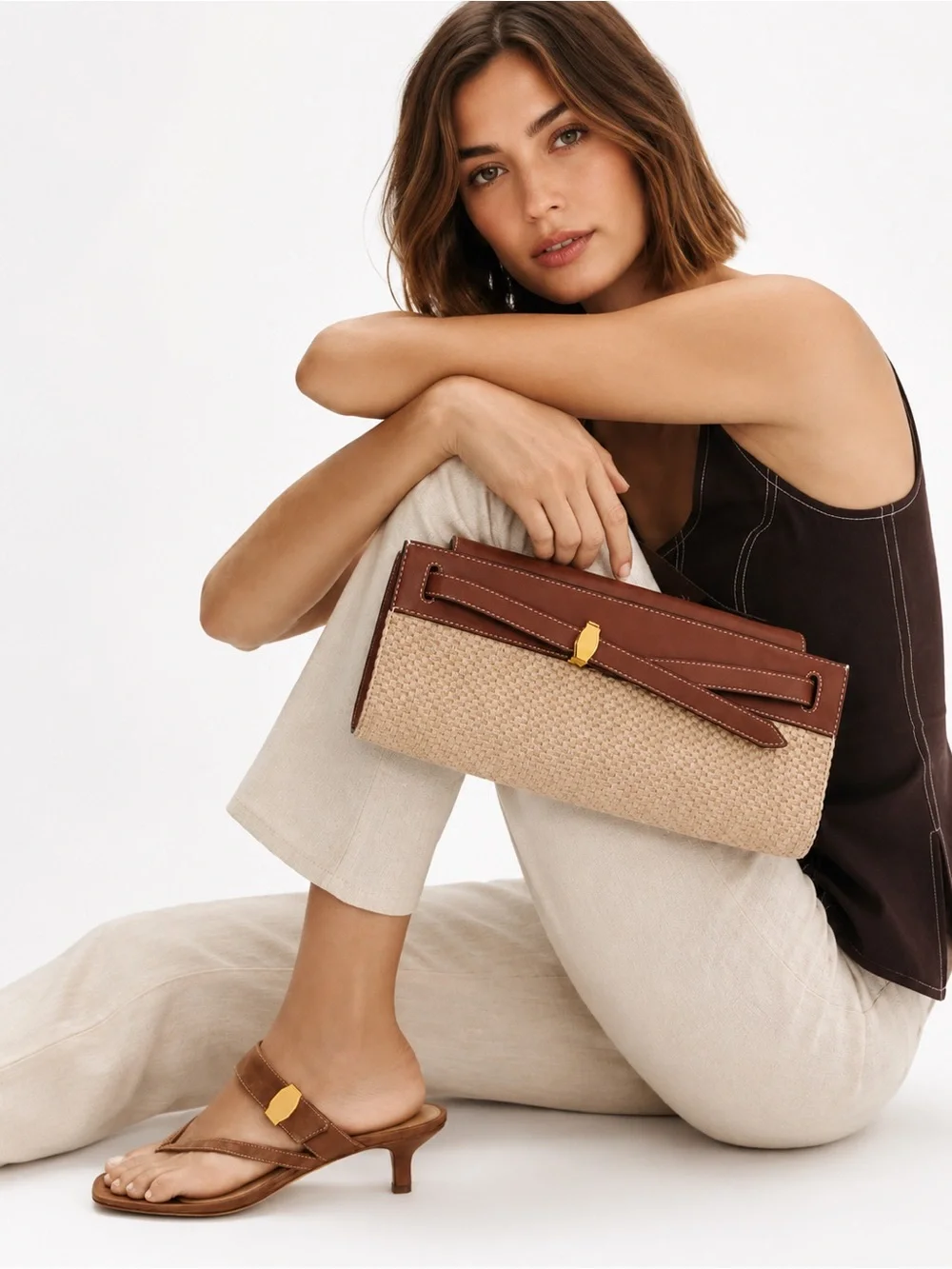 Veronica Beard Dash Raffia Clutch Hazelwood Leather Top Handle Bag - Picture 11 of 12